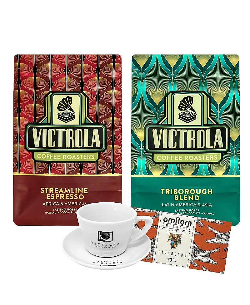 GoCoffeeGo - Victrola Espresso Duo Gift Bundle - Triborough & Streamline, 1 Chocolate Bar, 8oz Porcelain Cup & Saucer (2 x 12oz Bags)