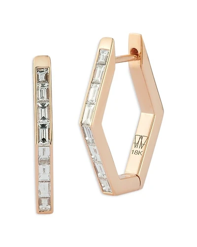 18K Rose Gold Diamond Baguette Hexagon Hoop Earrings