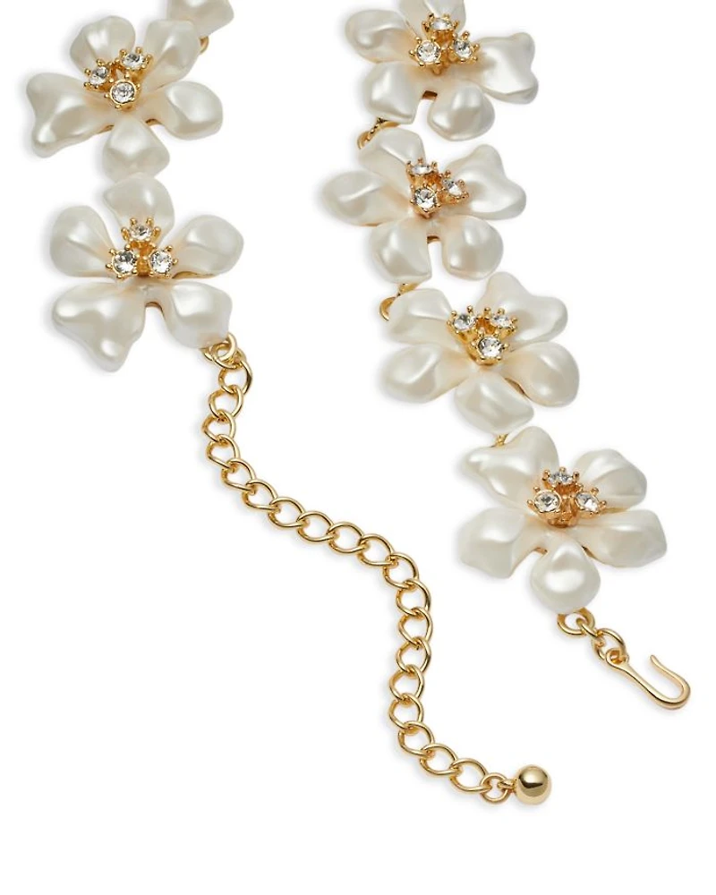 Imitation Pearl & Crystal Flower Statement Necklace, 15-19"