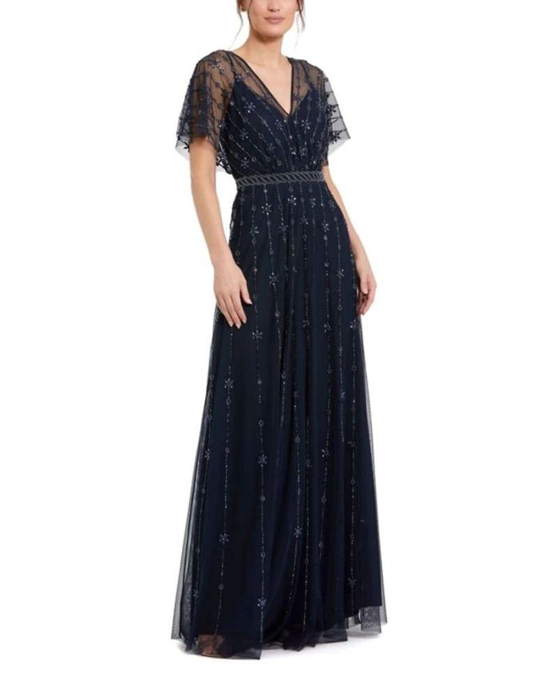 V Neck Embellished Flutter Sleeve A Line Gown