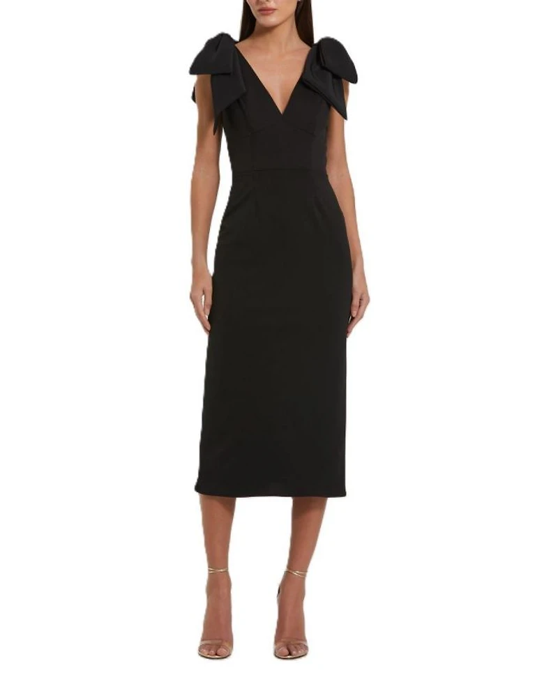 Bow Strap Crepe Fitted Midi Dress