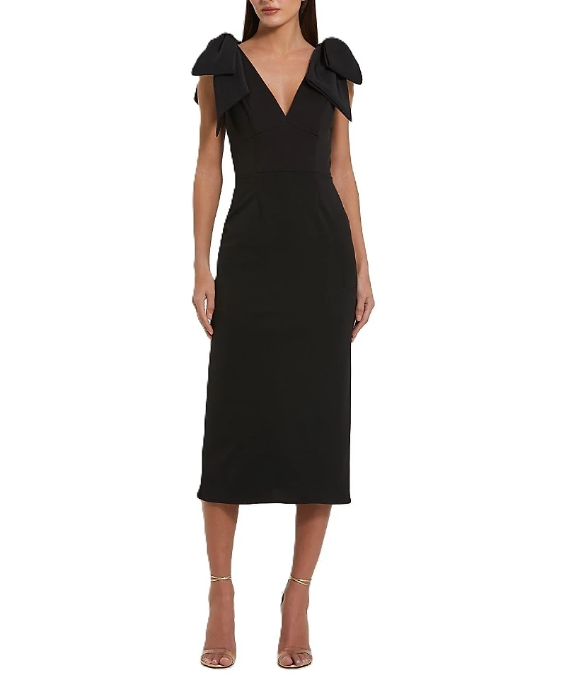 Mac Duggal Bow Strap Crepe Fitted Midi Dress