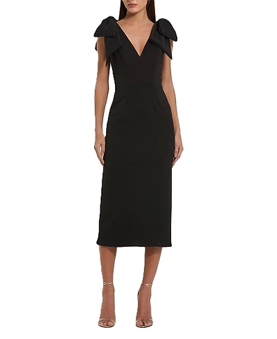 Mac Duggal Bow Strap Crepe Fitted Midi Dress