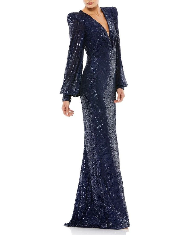 Sequined Plunge Neck Structured Bishop Sleeve Gown