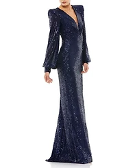 Sequined Plunge Neck Structured Bishop Sleeve Gown