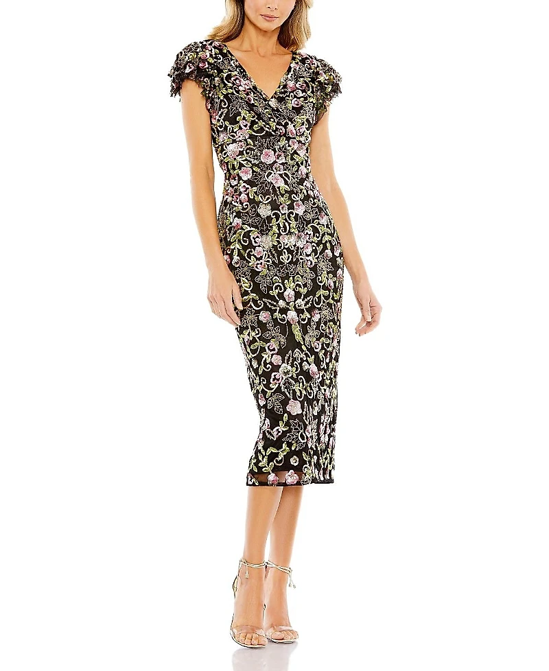 Mac Duggal Floral Embellished Flutter Cap Sleeve Dress