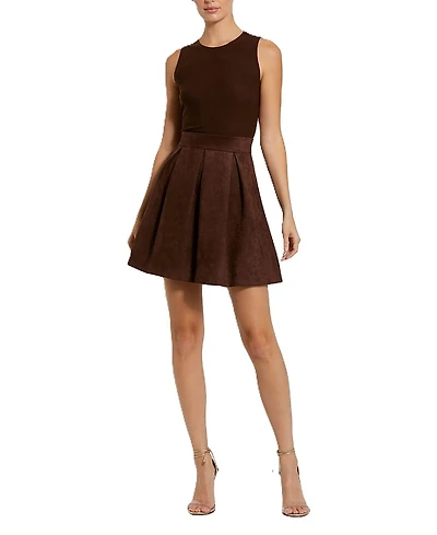 Mac Duggal Sleeveless Mesh And Suede A Line Mini Dress