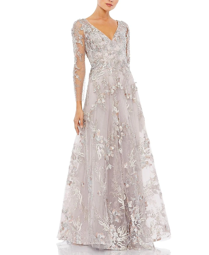Mac Duggal Appliqued Illusion Long Sleeve A Line Gown