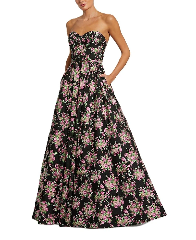 Mac Duggal Strapless Sweetheart Brocade Floral A Line Gown