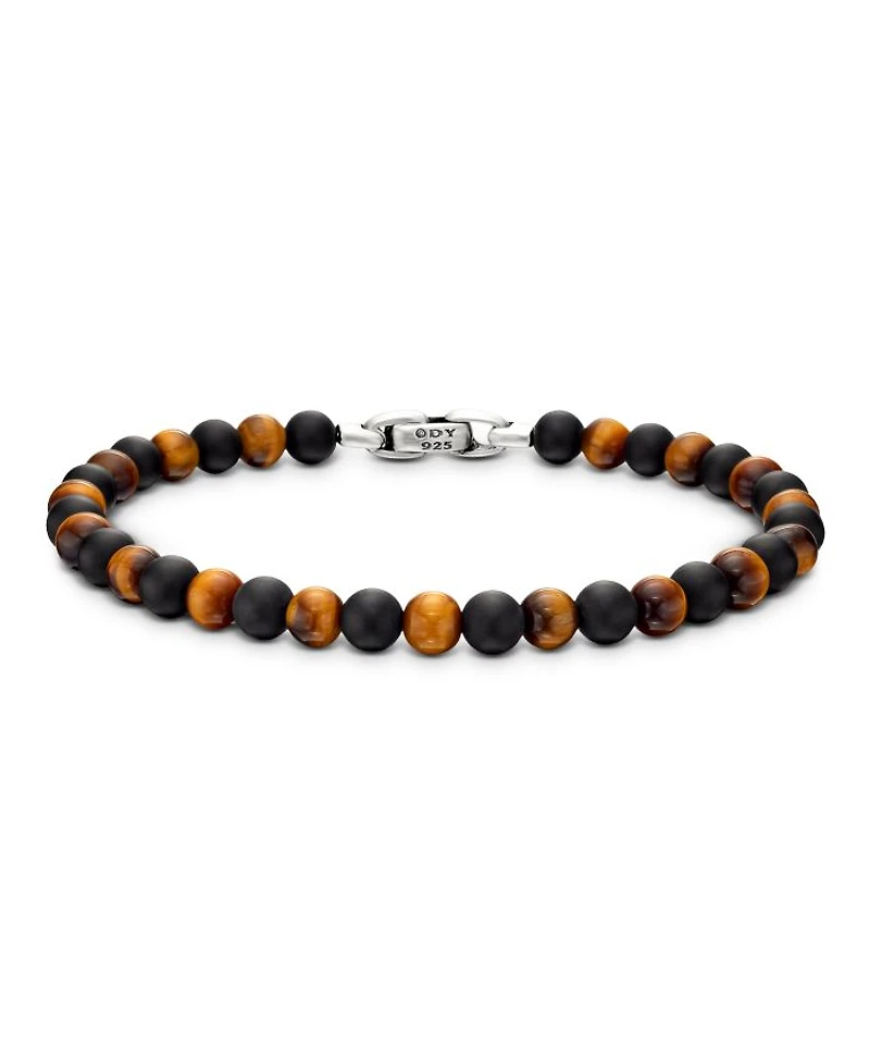 Men's Spiritual Beads Alternating Bracelet in Sterling Silver with Black Onyx and Tigers Eye, 6mm