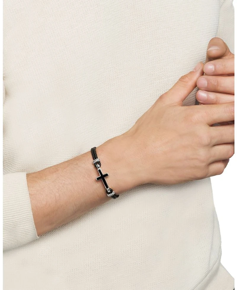 Men's Exotic Stone Cross Bracelet Black Leather with Sterling Silver and Onyx, 3mm