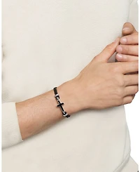 Men's Exotic Stone Cross Bracelet Black Leather with Sterling Silver and Onyx, 3mm