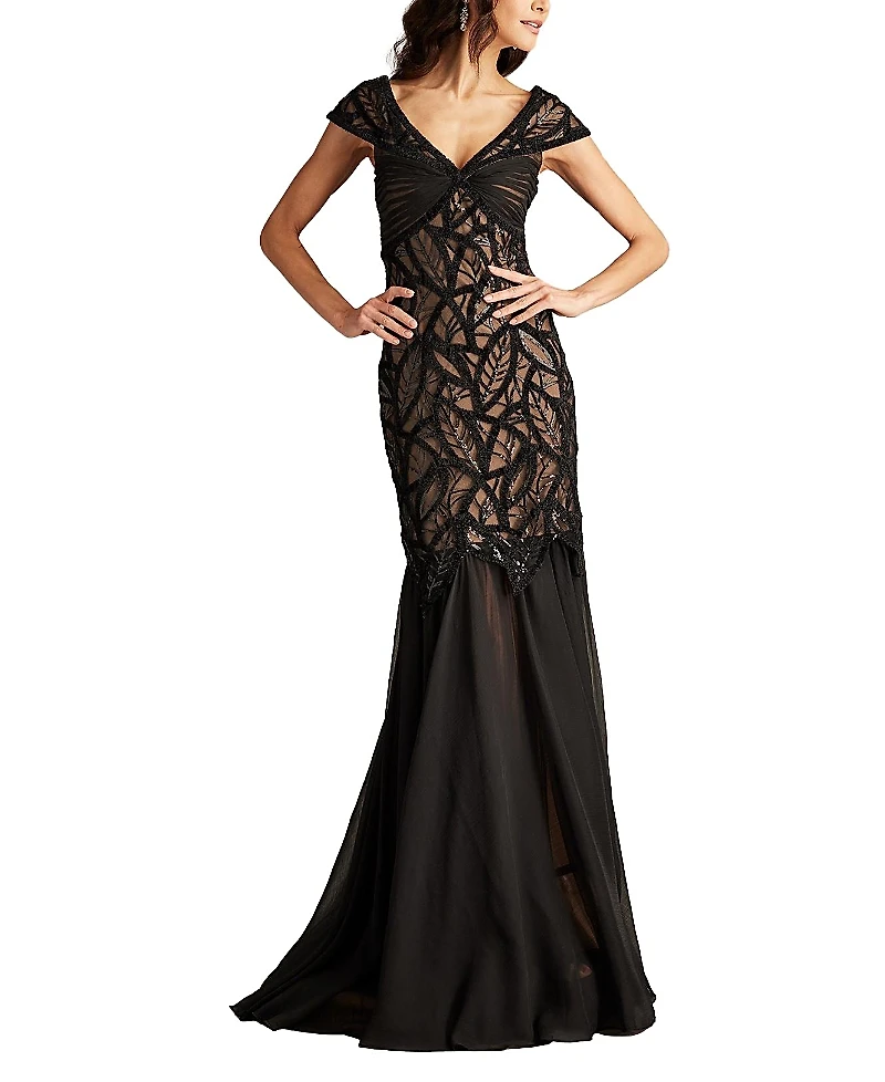 Tadashi Shoji Opalie Off Shoulder Leaf Motif Gown
