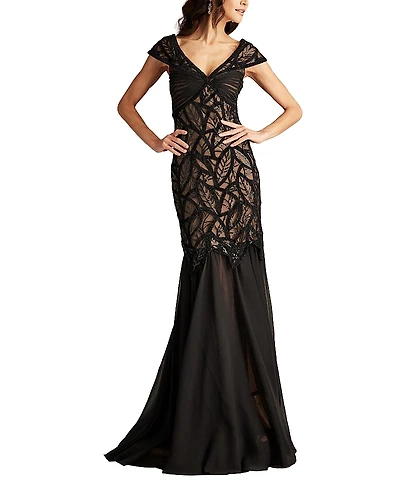 Tadashi Shoji Opalie Off Shoulder Leaf Motif Gown