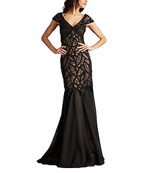 Tadashi Shoji Opalie Off Shoulder Leaf Motif Gown