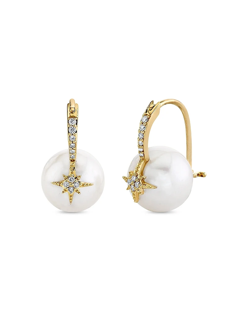 Sydney Evan 14K Yellow Gold Freshwater Pearl & Diamond Pave Starburst Bead Earrings, 0.09 tcw