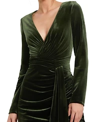 Long Sleeve Deep V Draped Velvet Gown