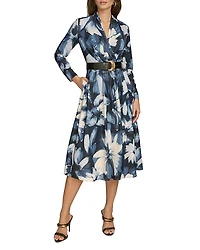 Donna Karan Belted Long Sleeve Midi Satin Dress