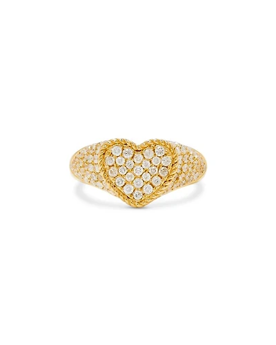 9K Yellow Gold Grey Diamond Pavé Heart Signet Ring, 0.52 tcw