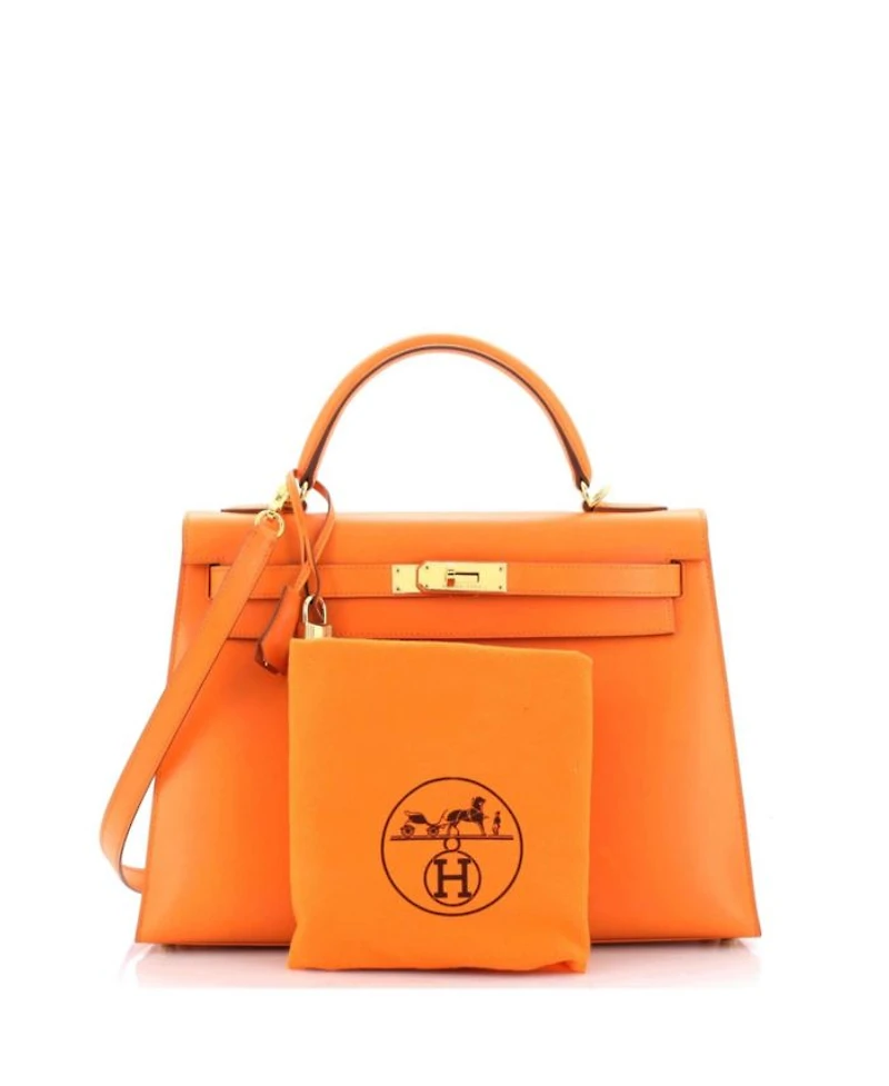 Kelly 32 Handbag Orange Box Calf with Gold Hardware
