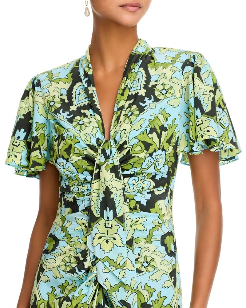 Damask Floral Tie Neck Ruched Midi Dress