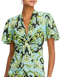 Damask Floral Tie Neck Ruched Midi Dress
