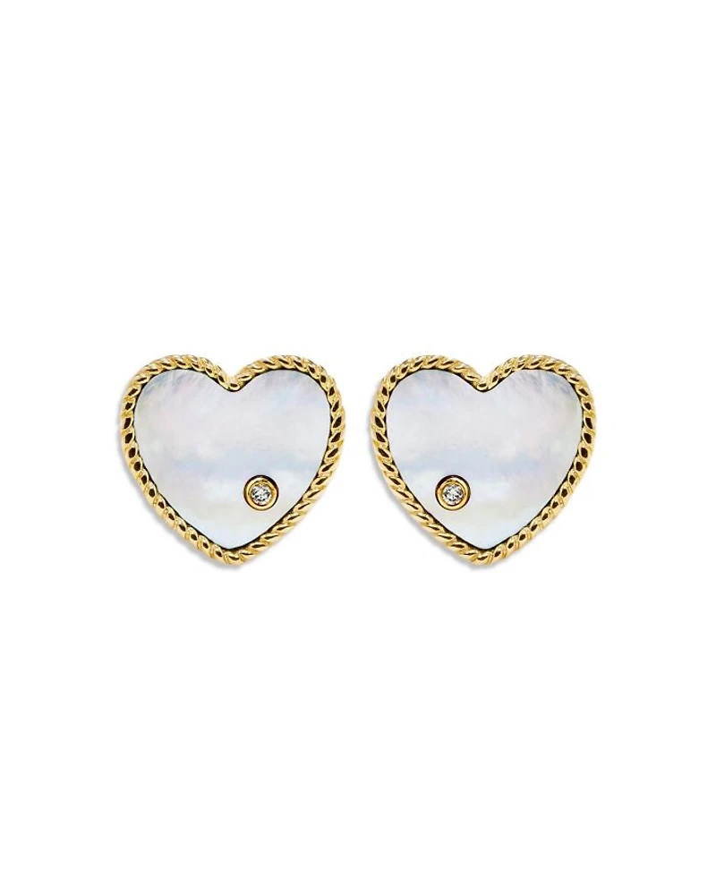 9K Yellow Gold Paire de Baby Puces Coeur Nacre Mother of Pearl & Diamond Heart Stud Earrings