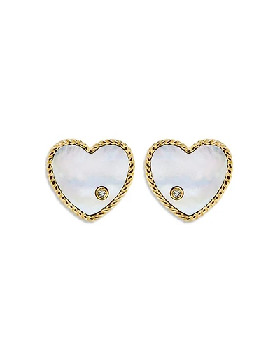 9K Yellow Gold Paire de Baby Puces Coeur Nacre Mother of Pearl & Diamond Heart Stud Earrings