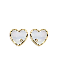 9K Yellow Gold Paire de Baby Puces Coeur Nacre Mother of Pearl & Diamond Heart Stud Earrings