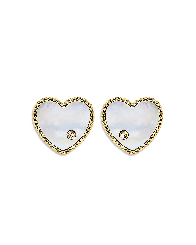 Yvonne Leon 9K Yellow Gold Paire de Baby Puces Coeur Nacre Mother of Pearl & Diamond Heart Stud Earrings