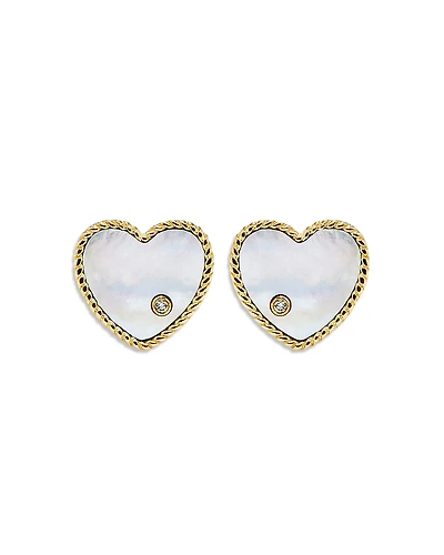 Yvonne Leon 9K Yellow Gold Paire de Baby Puces Coeur Nacre Mother of Pearl & Diamond Heart Stud Earrings