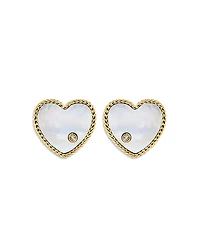 Yvonne Leon 9K Yellow Gold Paire de Baby Puces Coeur Nacre Mother of Pearl & Diamond Heart Stud Earrings