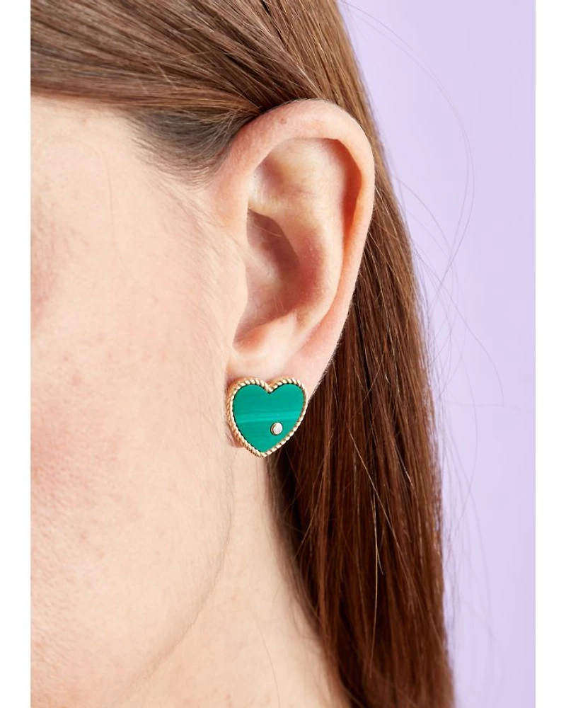 9K Yellow Gold Paire de Baby Puces Coeur Malachite & Diamond Heart Stud Earrings