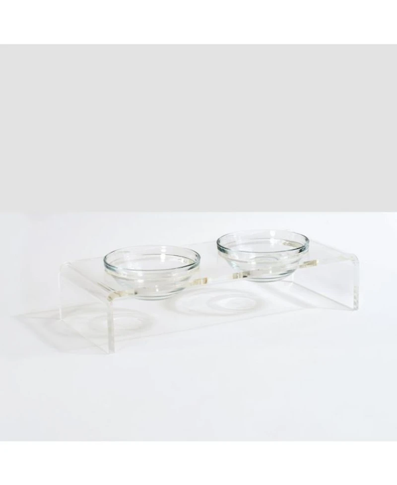 Small Clear Double Glass Bowl Pet Feeder, 1 Quart Bowls