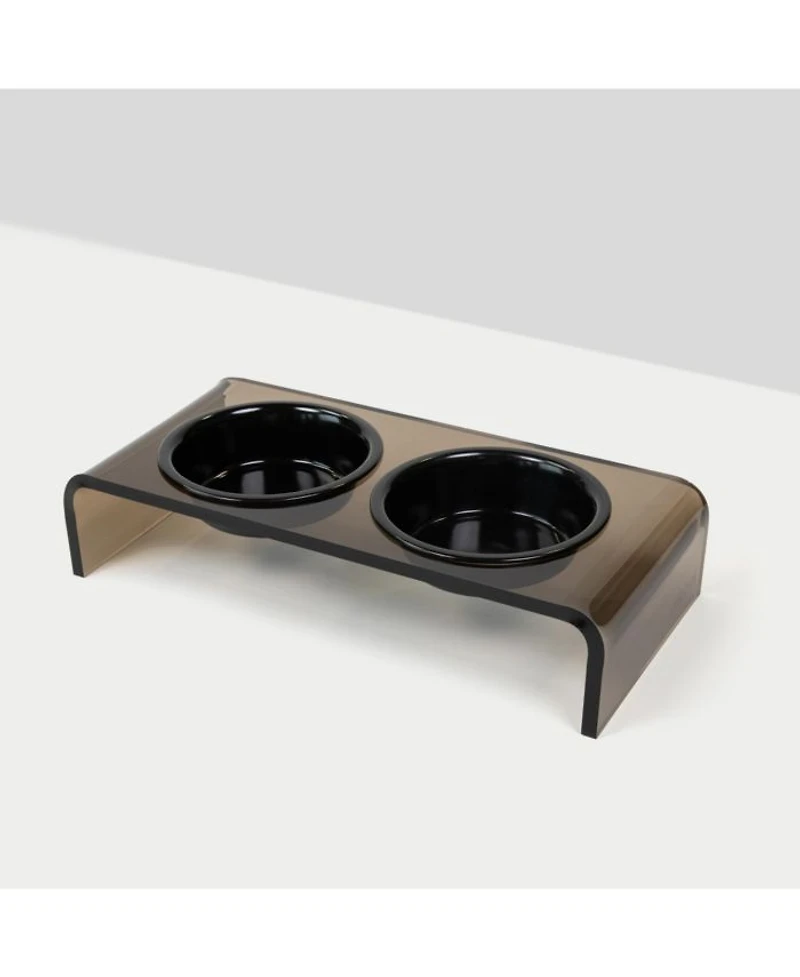 Small Smoke Bronze Double Bowl Pet Feeder, 1 Pint Bowls