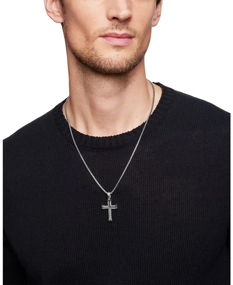 Men's Chevron Cross Pendant in Sterling Silver with Black Diamonds, 33.5mm