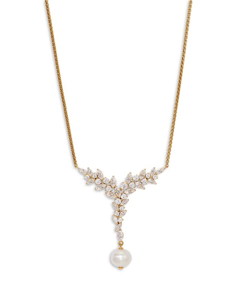 Sav Cubic Zirconia Cluster & Cultured Freshwater Pearl Lariat Necklace in 18K Gold Plated, 16"-18"