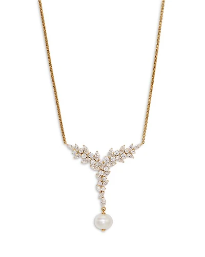 Sav Cubic Zirconia Cluster & Cultured Freshwater Pearl Lariat Necklace in 18K Gold Plated, 16"-18"