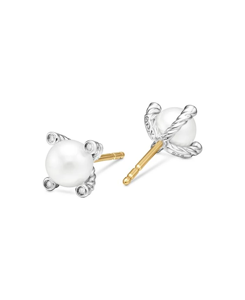 Pearl Stud Earrings in Sterling Silver with Pearls and Diamonds, 7.4mm