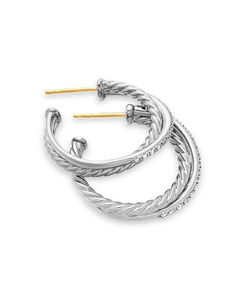 Sterling Silver Crossover Medium Hoop Earrings with Diamonds