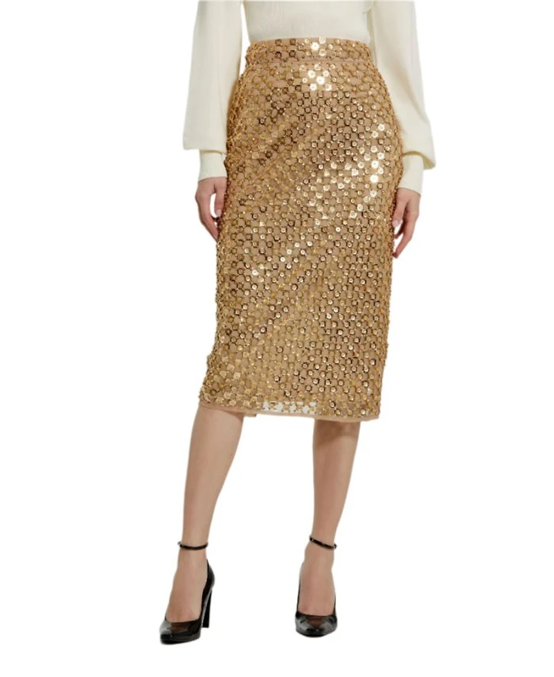 Embellished Mesh Fitted Midi Pencil Skirt