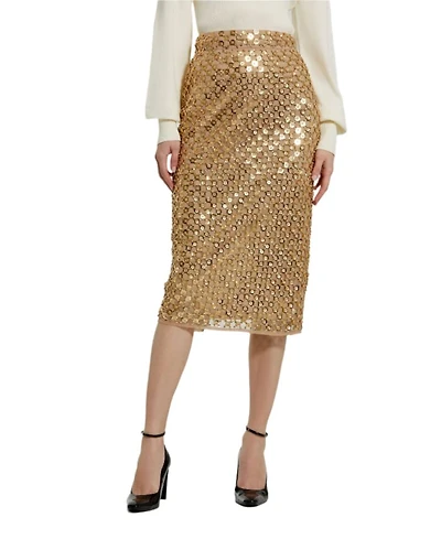 Embellished Mesh Fitted Midi Pencil Skirt