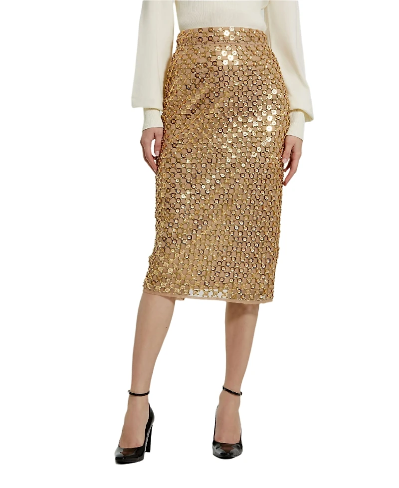Mac Duggal Embellished Mesh Fitted Midi Pencil Skirt