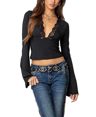 Edikted Tina Lacey Plunge Neck Top