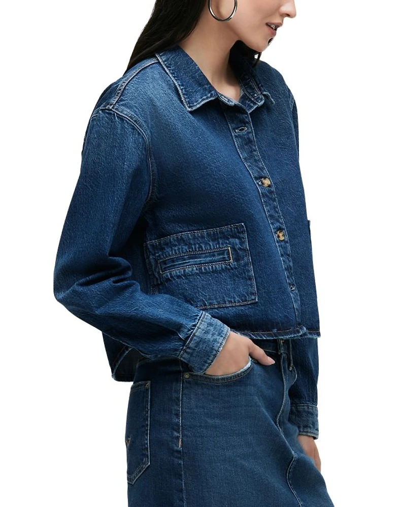 Cropped Boxy Button Front Denim Shirt Jacket