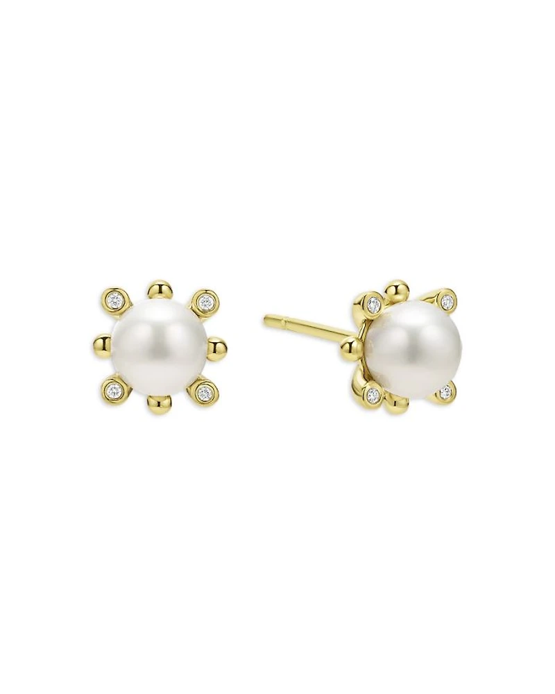18K Yellow Gold Luna Cultured Pearl & Diamond Fleur Stud Earrings