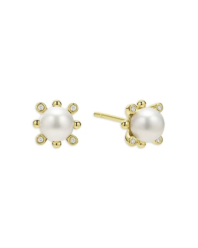 18K Yellow Gold Luna Cultured Pearl & Diamond Fleur Stud Earrings
