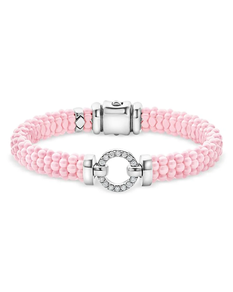 Sterling Silver Pink Caviar Diamond Circle Ceramic Bead Bracelet