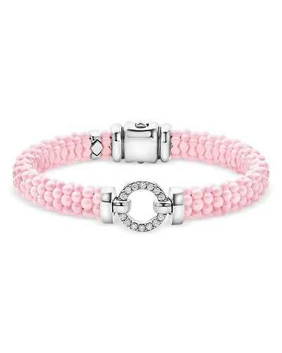 Sterling Silver Pink Caviar Diamond Circle Ceramic Bead Bracelet