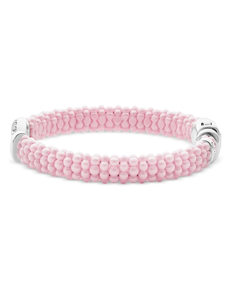 Sterling Silver Pink Caviar Diamond Circle Ceramic Bead Bracelet